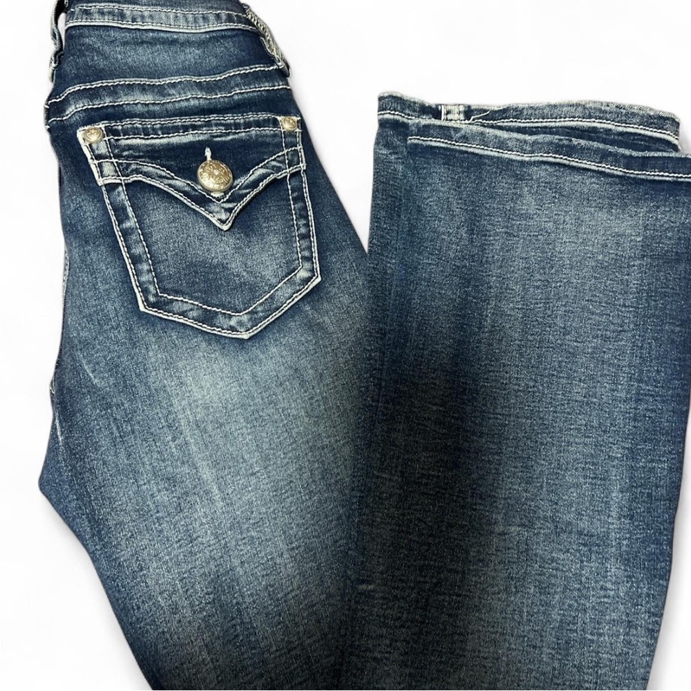 Blue Boot Cut Jeans with Distressed Look